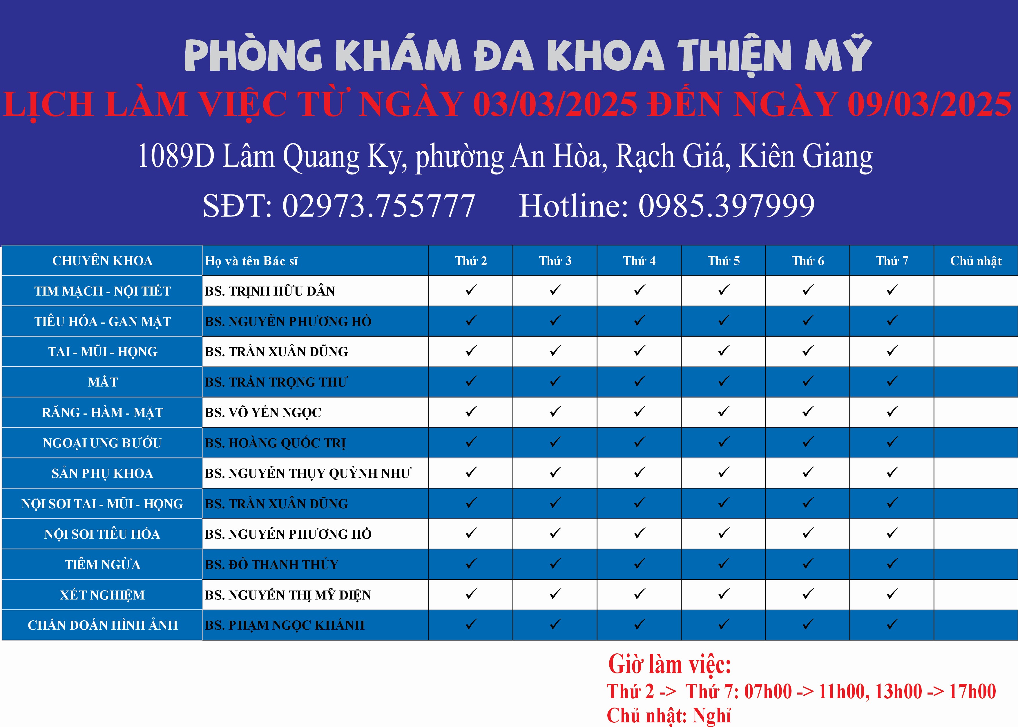 LỊCH LÀM VIỆC TỪ NGÀY 03/03/2025 ĐẾN NGÀY 09/03/2025